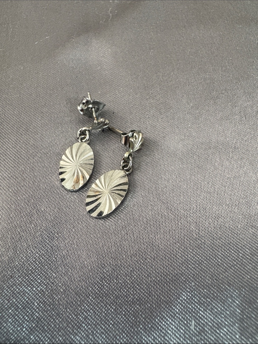 Silver Tone Oval Sunburst Drop Earrings - Silver